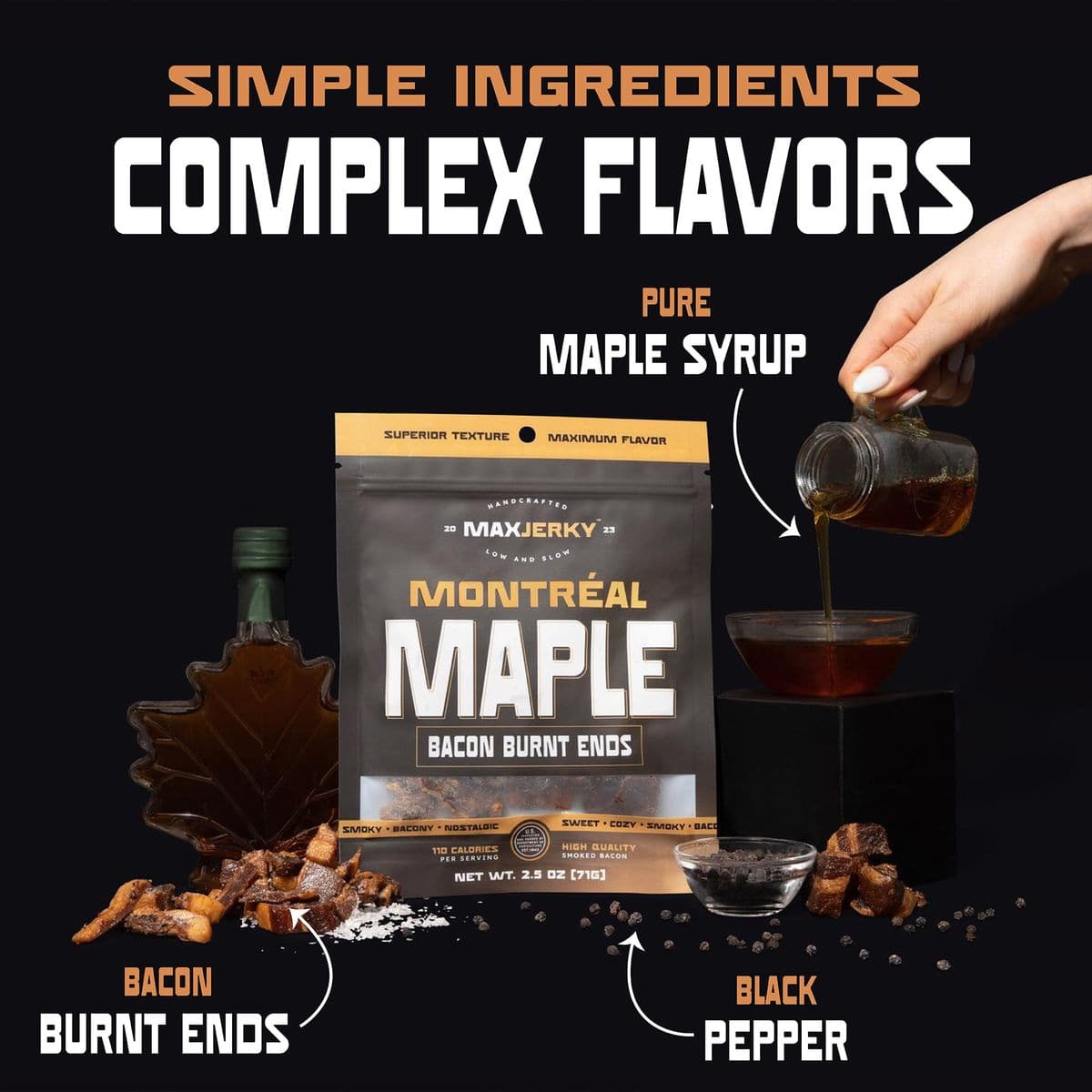 MaxJerky Jerky Variety Pack Montreal Maple Bacon Texas BBQ Beef Jerky New York Buffalo Chicken Jerky and Sichuan Chili Chicken Jerky 4 Pack