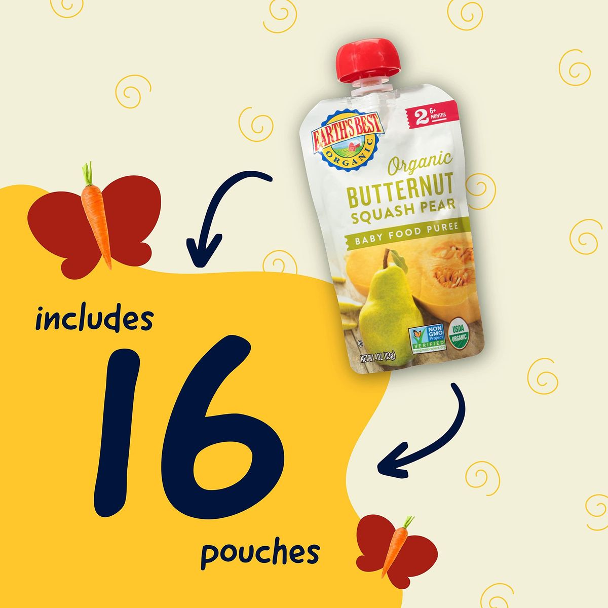 Earth&#39;s Best Organic Baby Food Pouches, Stage 2 Fruit and Vegetable Puree for Babies 6 Months and Older, Organic Butternut Squash and Pear Puree, 4 oz Resealable Pouch (Pack of 16)