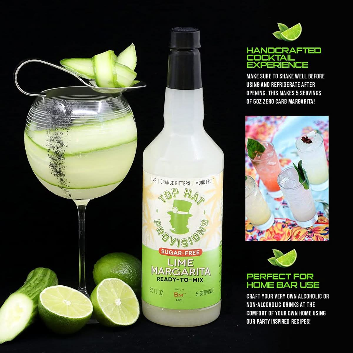 Top Hat Keto Sugar Free Lime Margarita Mix  Naturally Sweetened with Monk Fruit  Craft Mixer for Skinny Margarita Cocktail Drinks  32oz Bottle