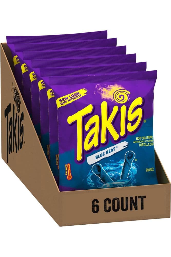 Takis Blue Heat Rolled Spicy Tortilla Chips, Hot Chili Pepper Flavored, Multipack with 6 Individual Bags, 4 Ounces Each