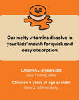 Renzo's Bright & Brainy Vitamin B6 - Vegan Vitamins for Kids, Dissolvable and Easy to Take B6 Vitamins for Kids, Zero Sugar, Oh-Oh-Oh Orange Flavor, [60 Melty Tabs]