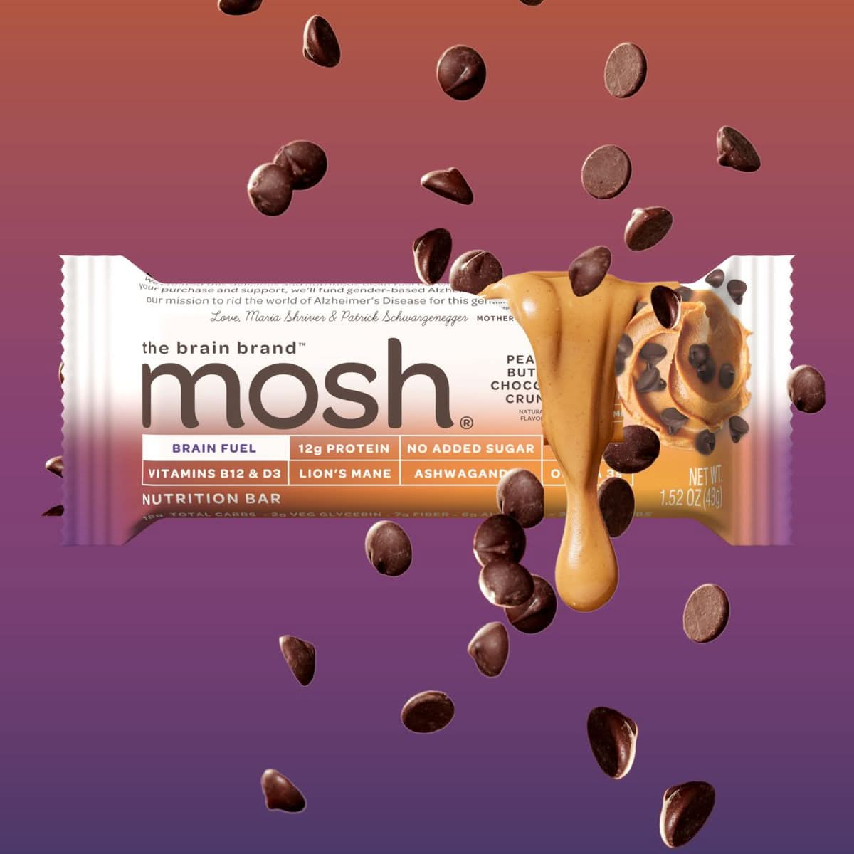 MOSH Peanut Butter Chocolate Crunch Protein Bars 12g GrassFed Protein Keto Snack GlutenFree No Added Sugar Lions Mane B12 Vitamins Supports Brain Health Workout Recovery Breakfast ToGo 12 Bars