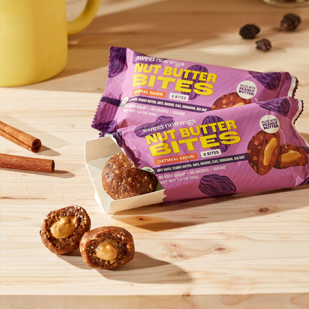 Sweet Nothings Oatmeal Raisin USDA Organic Nut Butter Bites Protein Bar Nut  Date Snack Filled with Peanut Butter 122 Bite Value Packs  No Added Sugar Plant Based Vegan Only 7 Ingredients