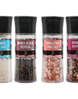 Soeos Black Peppercorns + White Sea Salt + Rainbow Peppercorns + Pink Salt, 9.8oz(277.82g) Spice Total, Plastic Bottle Grinder with Spice Included, Salt and Pepper Set, Grinder Set, Spice Set.