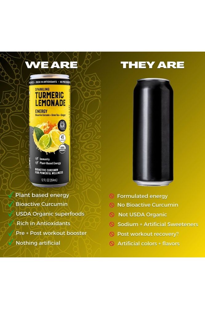 Golden Tiger  Organic Sparkling Turmeric Lemonade  Energy  Plant Based Energy and Recovery Support  Bio Active Curcumin  Green Tea  Ginger  12 Cans  ReEnergize with Plant Based Energy