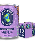 WESTBRAE 15 oz Natural Organic Lentil Beans No Salt Added Source of Plant Based Protein and Fiber Low Fat Gluten Free Pack of 12