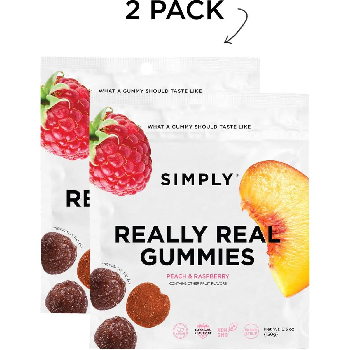 Simply Really Real Gummies  Made with Real Fruit  Peach and Raspberry  53 oz Pack of 2  No Cane Sugar  Gluten Free  Kosher