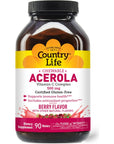 Country Life Acerola Vitamin C Complex, 500mg, Chewable Berry Flavored Wafers, Supports Immune Health, 90 Wafers, Certified Gluten Free by GFCO, Certified Vegan by AVA