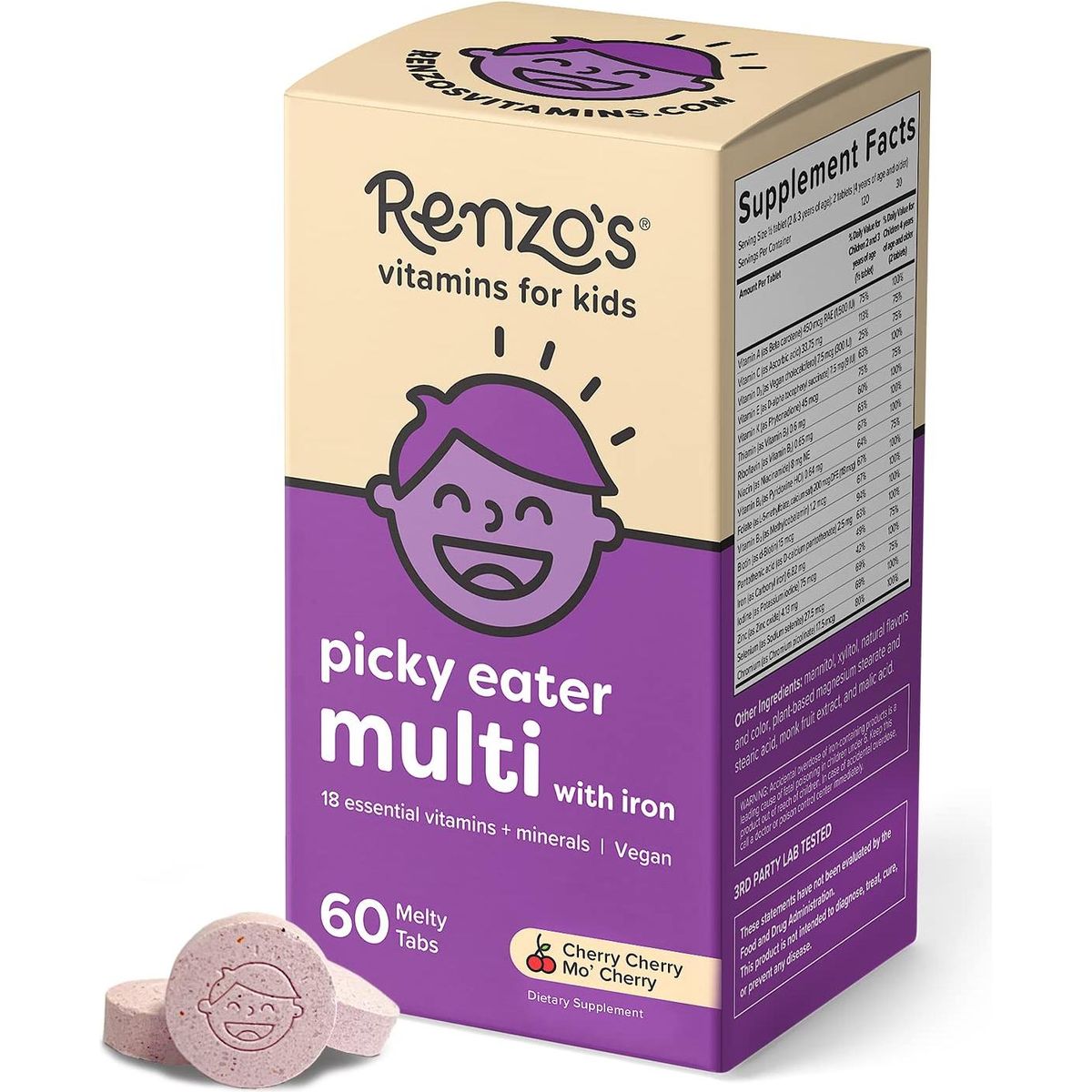 Renzo&#39;s Picky Eater Kids Multivitamin with Iron, Dissolvable Multivitamin for Kids, Sugar Free Cherry Flavored (60 Melty Tabs)