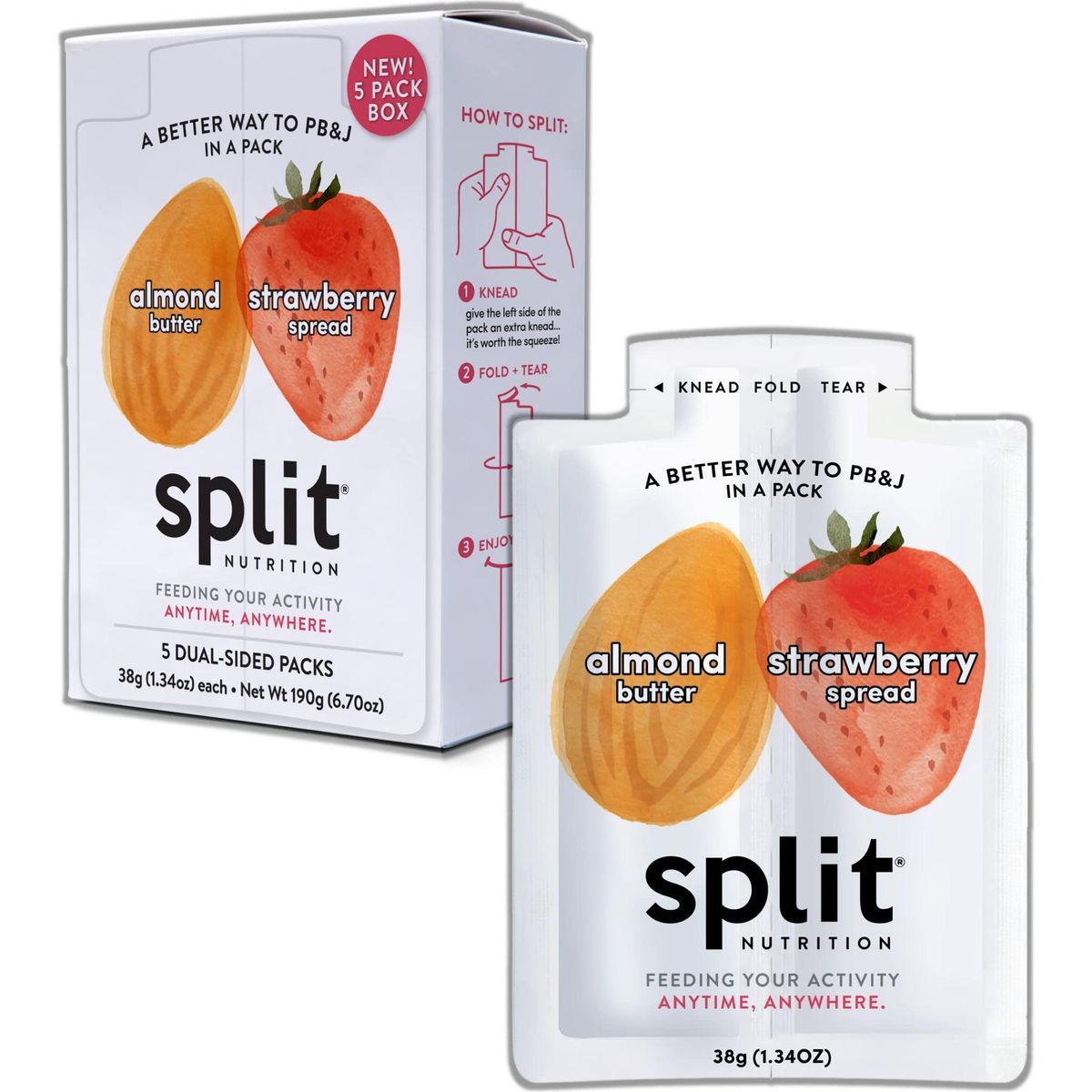 Split Nutrition Almond Butter and Strawberry Jelly Squeeze Packs - Non-GMO, Gluten Free Snack Pouch - On The Go Snack Made with Real Food - Zero Artificial Preservatives or Sweeteners (5 Pack)