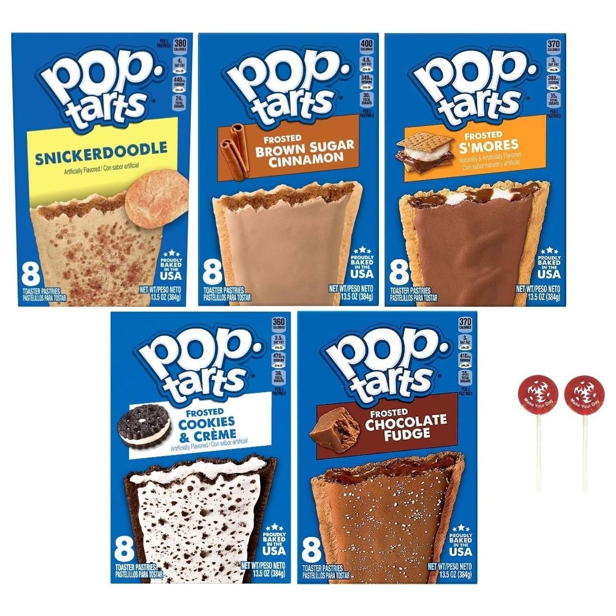 Pop Tarts Frosted Toaster Pastries Snickerdoodle Cookies  Creme Frosted Chocolate Fudge Brown Cinnamon Sugar and Smores 135 Ounce Pack of 5  with Two Make Your Day Lollipops