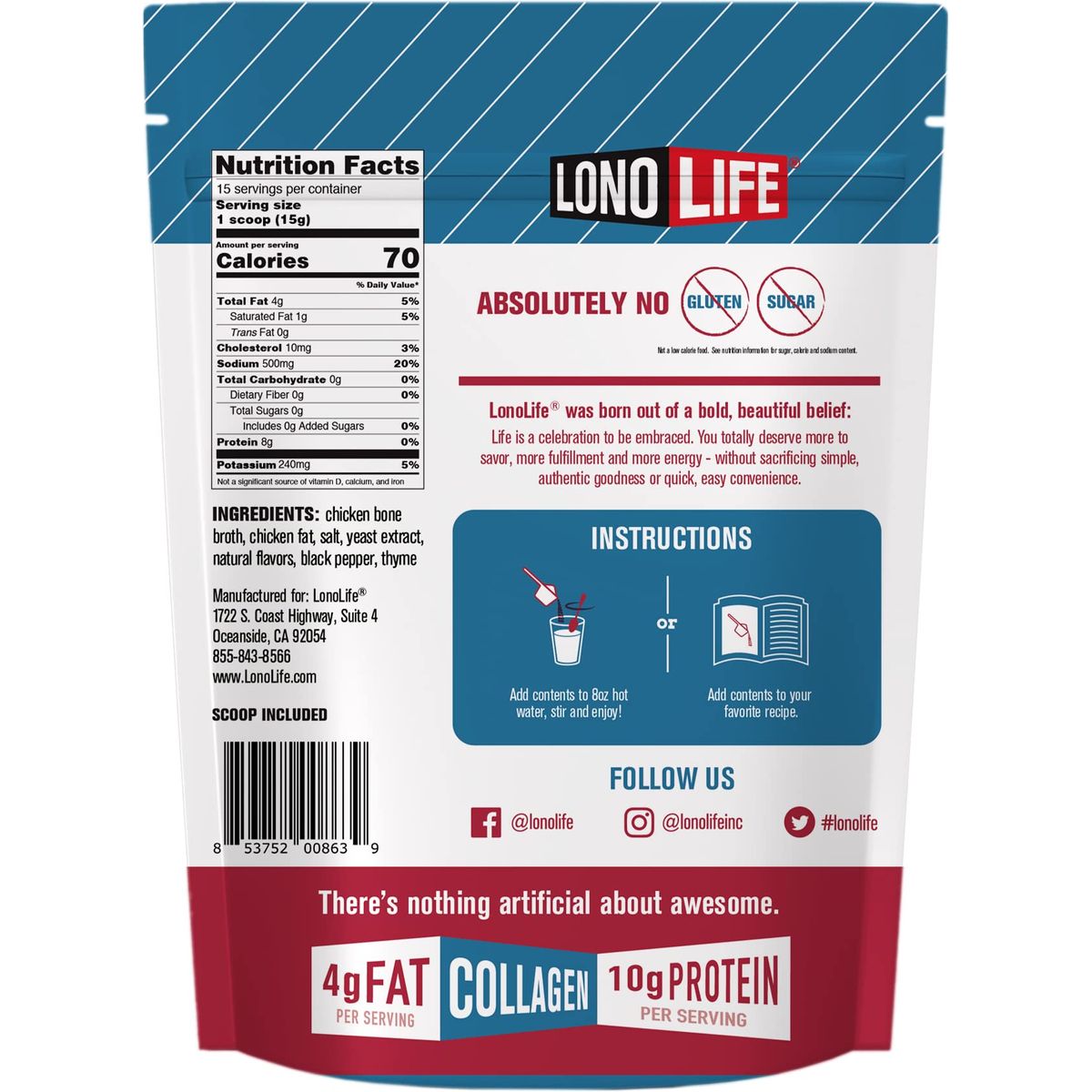 LonoLife Keto Bone Broth Protein Powder Chicken flavored 8g Protein 4g Fat Keto Friendly 8oz Bulk Container15 Servings Packaging May Vary