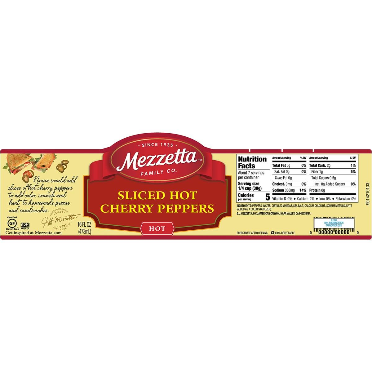 Mezzetta Sliced Hot Cherry Peppers  Gluten Free Keto Kosher  16 Fluid Ounce Jar Pack of 6