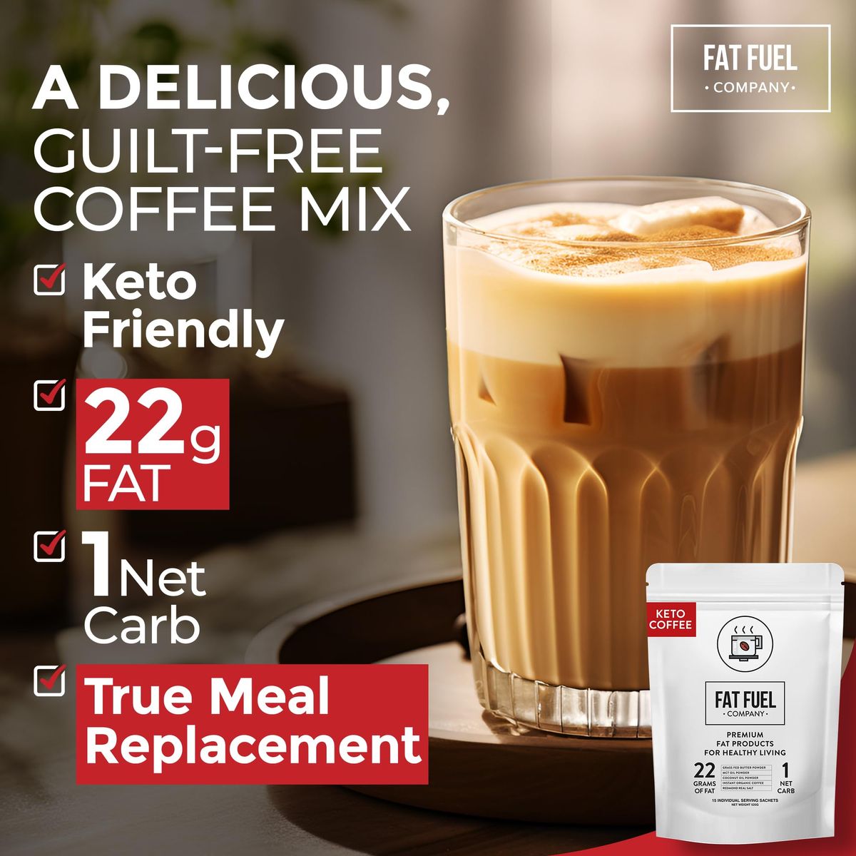 Keto Meal Replacement Coffee Packets with MCT Oils Coconut Oil GrassFed Butter and Redmond Real Salt  Organic Instant Coffee by Fat Fuel Company 15 Servings