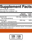 American Standard Supplements Vitamin D3 5000 IU (125mcg) Plus Vitamin K2 (MK7) 200mcg Per Capsule - Gluten Free, Non-GMO, 120 Capsules, 120 Servings, 120 Day Supply