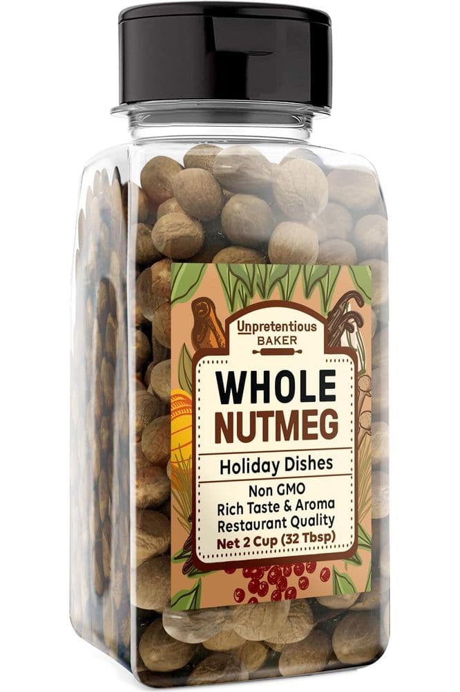 Unpretentious Whole Nutmeg (2 Cup) Reusable Plastic Spice Container, Ideal for Eggnog &amp; Holiday Dishes, Baked Goods, Sweet &amp; Savory Dishes