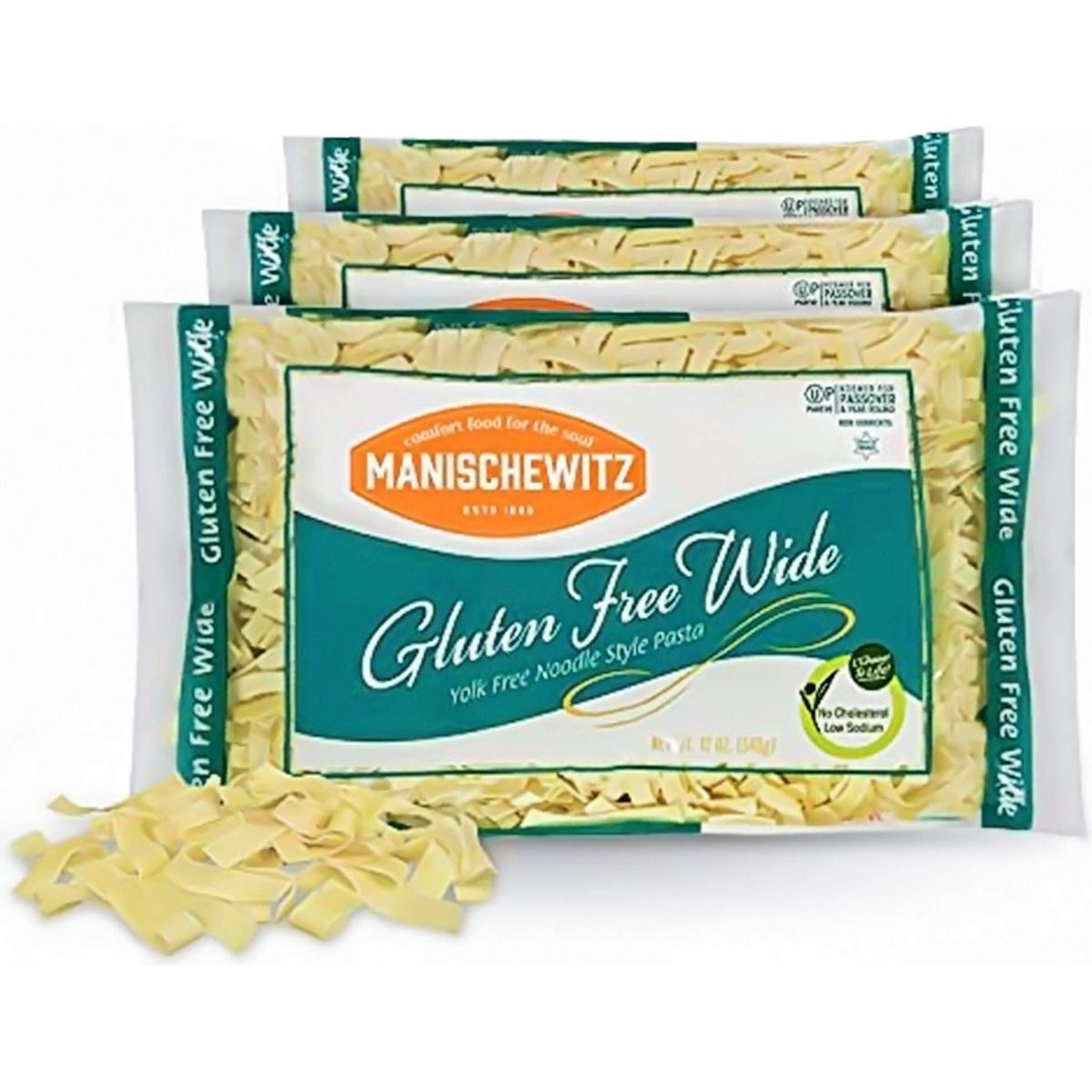 Manischewitz Gluten Free Wide Egg Noodles, (3 Pack, 12 oz each) Yolk Free, Kosher For Passover and All Year Round Use