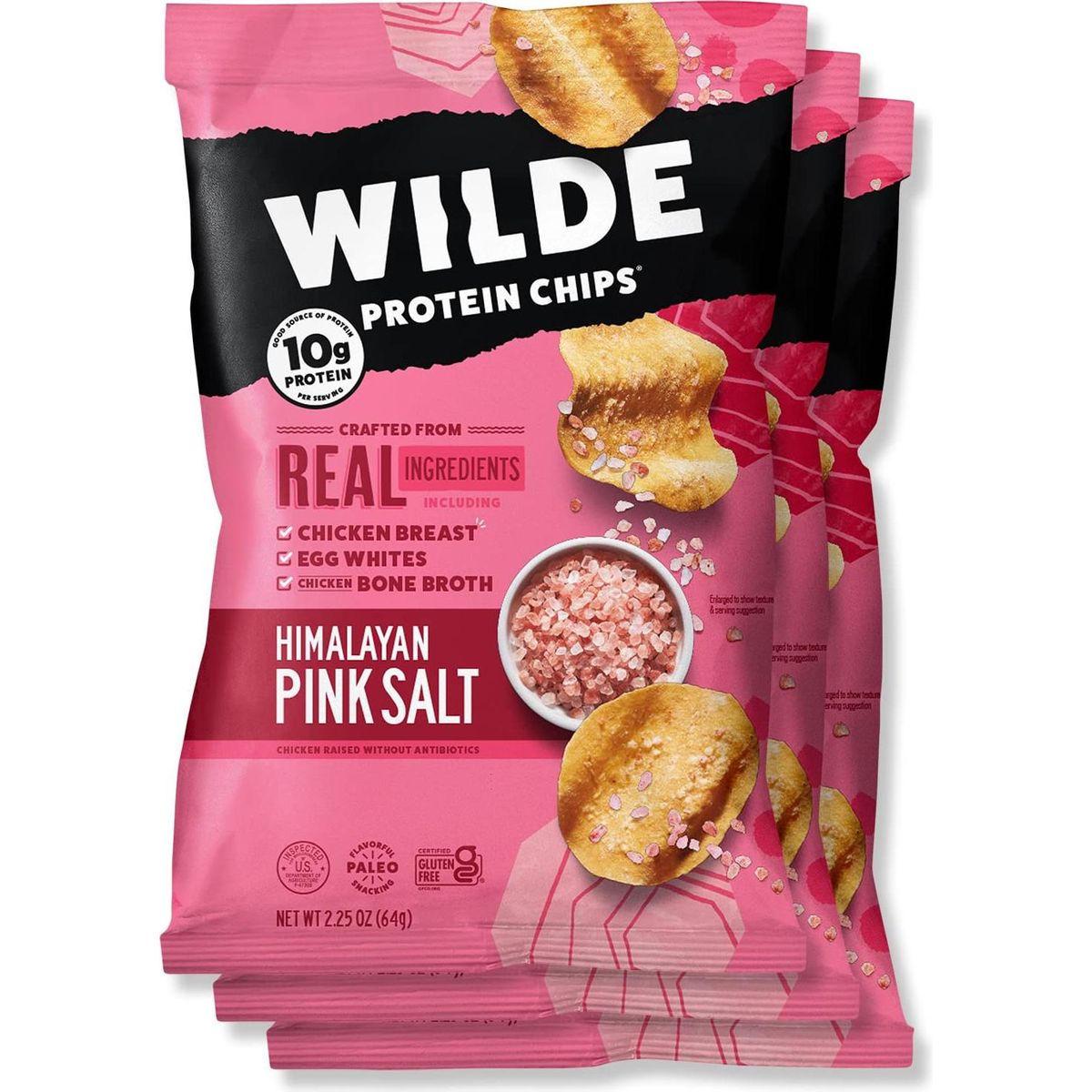 Himalayan Pink Salt Protein Chips by Wilde, Thin and Crispy, High Protein, Keto Friendly, Made with Real Ingredients, 2.25oz Bag (3 Count)