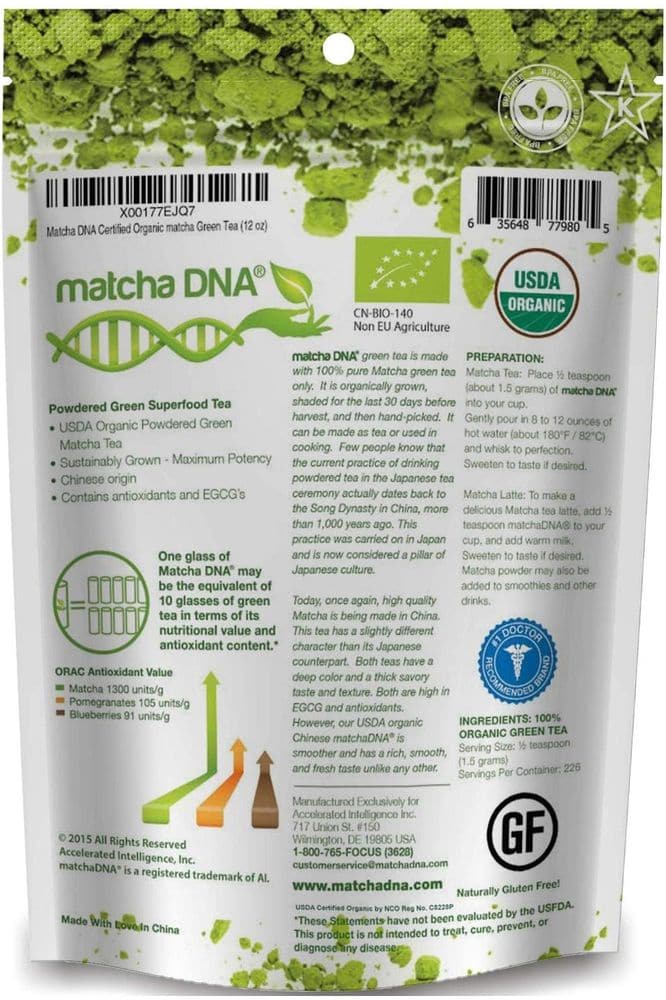 MATCHA DNA Certified Organic Matcha Green Tea Pure USDA Certified Organic Culinary Grade Matcha (12 Ounce Bag)