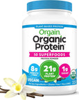 Orgain Organic Protein + Superfoods Powder, Vanilla Bean - 21g of Protein, Vegan, Plant Based, 5g of Fiber, No Dairy, Gluten, Soy or Added Sugar, Non-GMO, 2.02lb