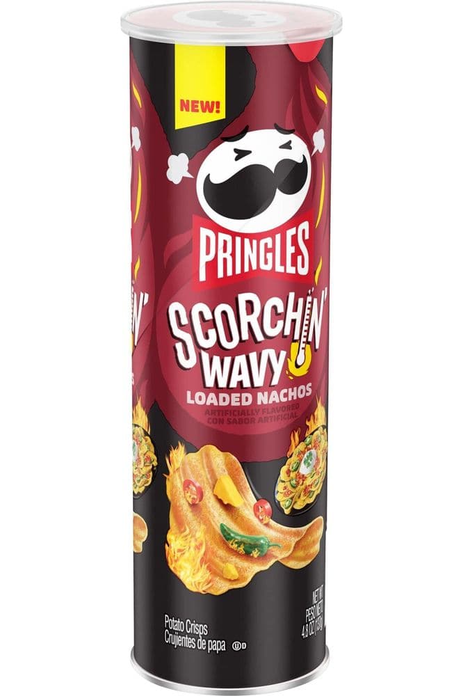 Pringles Scorchin&#39; Wavy Potato Crisps Chips, Lunch Snacks, Spicy Snacks, Loaded Nachos, 4.8oz Can (1 Can)