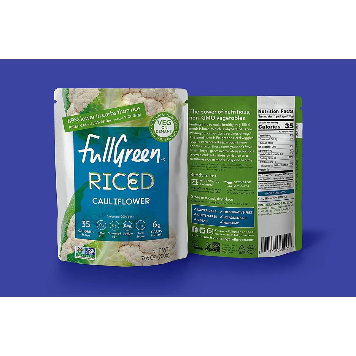 Fullgreen Cauliflower Rice  LowCarb  LowCal Cauliflower Rice  89 Less Carbs Than Rice  Vegan GlutenGrain Free  Non GMO  Heat  Eat in Minutes  Includes 6 Pouches