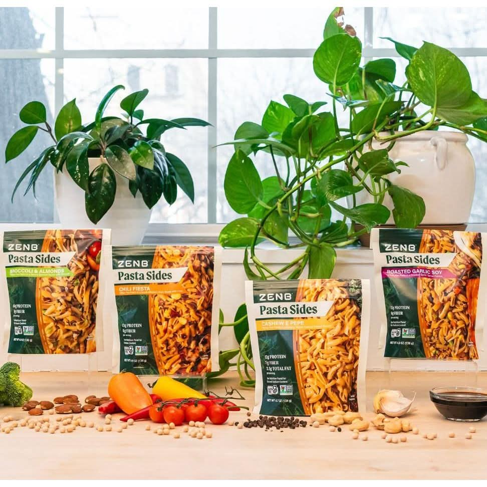 ZENB Gluten Free Pasta Sides Variety Pack  Made From 100 Yellow Peas NonGMO  Vegan Excellent Source of Fiber  Protein Broccoli  Almonds Roasted Garlic Soy Chili Fiesta  Cashew e Pepe Pack of 4