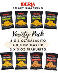 Iberia Plantain Chips, Variety, 4 Salted Plantain Chips, 2 Naturally Sweet Plantain Chips, 2 Garlic Plantain Chips, 3 Ounce (Pack of 8)