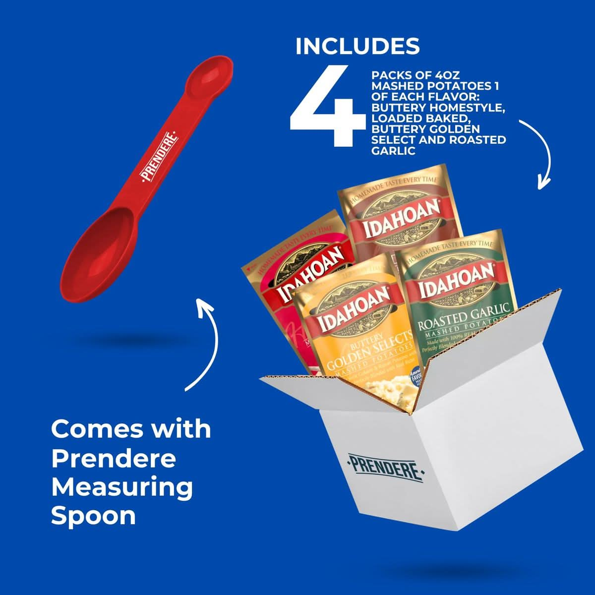 Instant Mashed Potatoes Bundled by Prendere Includes Four Packs of Idahoan Mashed Potatoes 4 Oz each Roasted Garlic Buttery Homestyle Loaded Baked Buttery Golden and a Prendere Measuring Spoon