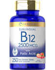 Carlyle Vitamin B12 Sublingual 2500 mcg | 250 Fast Dissolve Tablets | Cyanocobalamin Supplement with Folic Acid for Adults | Natural Berry Flavor | Vegetarian, Non-GMO, and Gluten Free