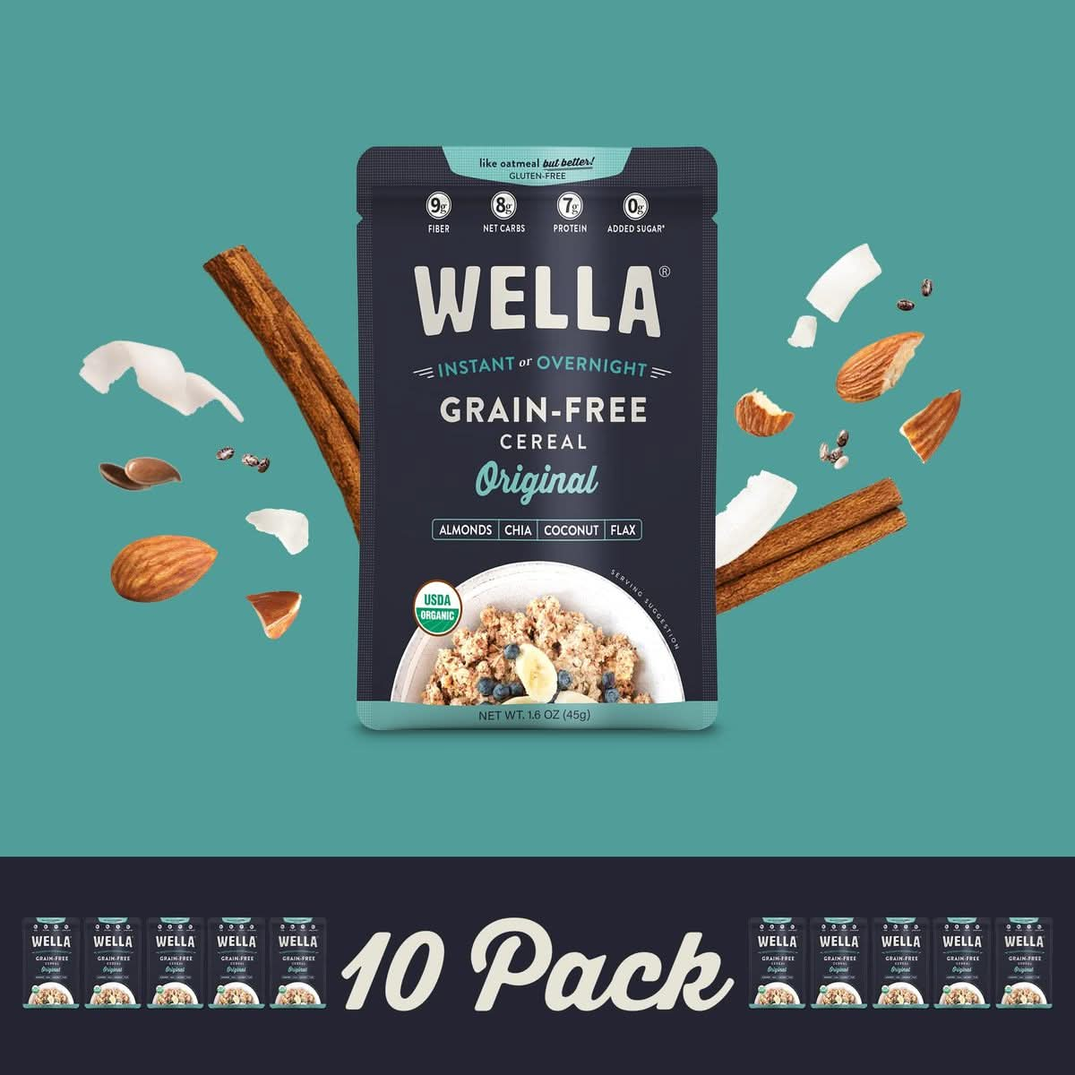 Wella Cereal Oatmeal Alternative GlutenFree Breakfast Hot Cereal GrainFree Paleo Organic Vegan High Protein Superfood PlantBased NonGMO Low in Net Carbs SingleServe Packets Original Flavor 10 Count 16 oz Packets