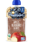 Happy Baby Organics Stage 2 Baby Food Pouches, Gluten Free, Vegan & Healthy Snack, Clearly Crafted Oat & Fruit Puree, Apples, Blueberries & Oats, 4 Ounces (Pack of 16)