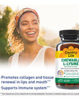 Country Life Chewable L-Lysine 600mg - 60 Tabs - Supports Immune Health - Supports Natural Collagen Production - Vitamin D - Elderberry - Great Taste