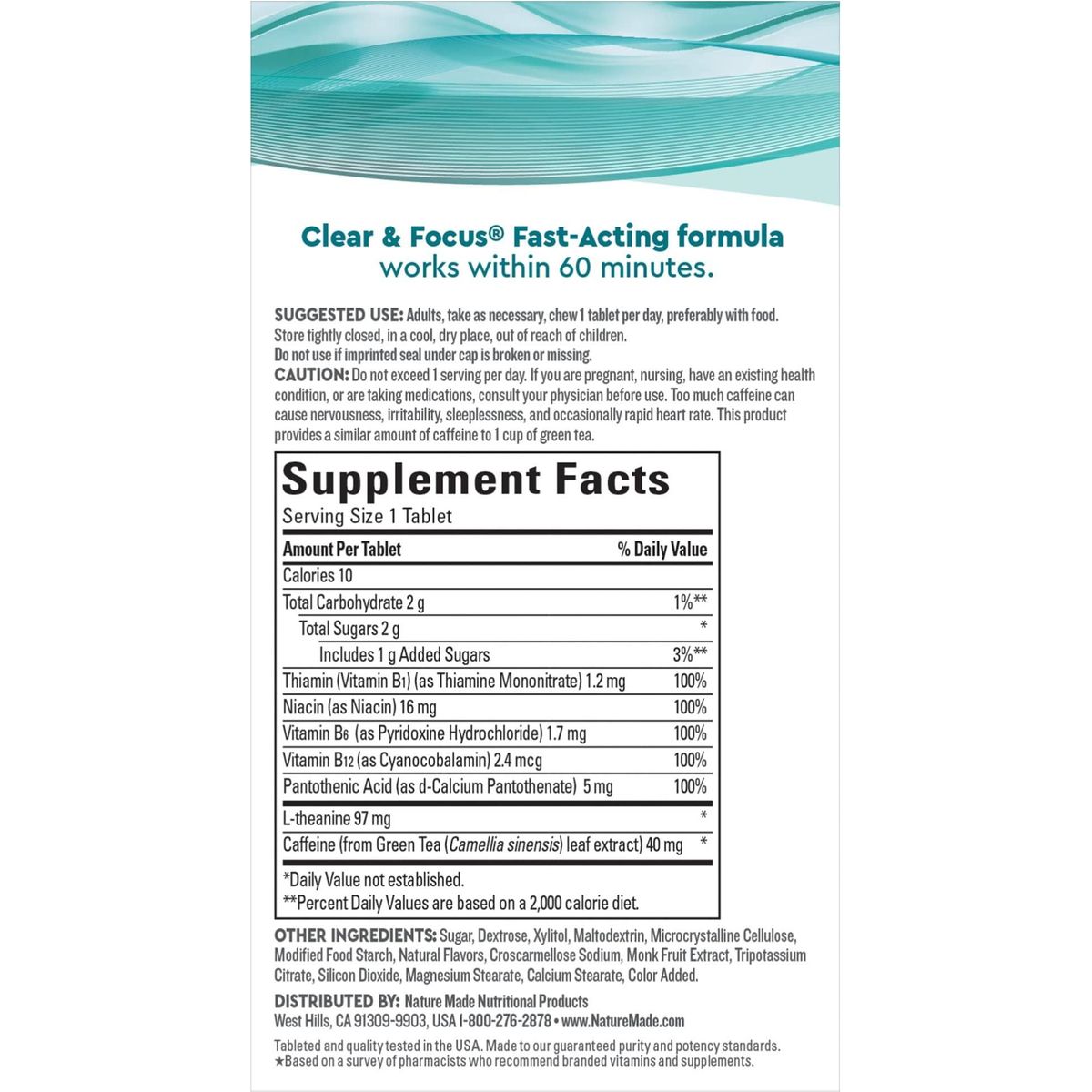 Nature Made Wellblends Clear &amp; Focus, L-theanine, Green Tea Caffeine, 5 B vitamins, Fast-Acting Formula, 30 Chewable Tablets, Peppermint flavor