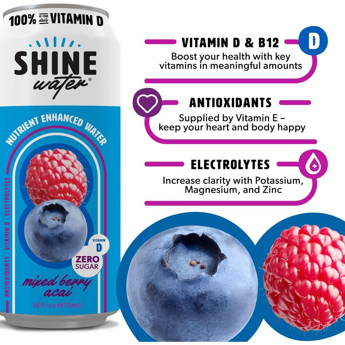 ShineWater Vitamin D Hydration Electrolyte Drink Acai Mixed Berry 12 Pack Sugar Free Naturally Flavored Water Magnesium Zinc Vitamin B12 Folic Acid Plant Based Antioxidants Low Calorie