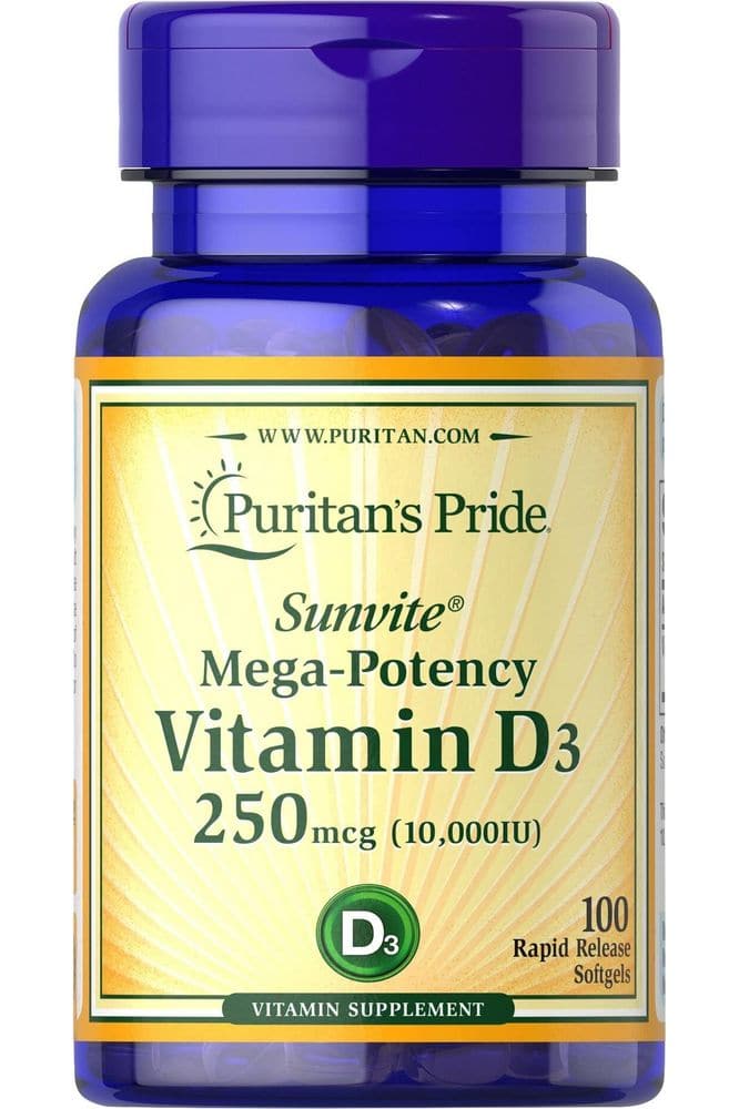 Puritan&#39;s Pride Vitamin D3 10000 IU Bolsters Health Immune System Support and Healthy Bones &amp; Teeth Softgels, Yellow, 100 Count