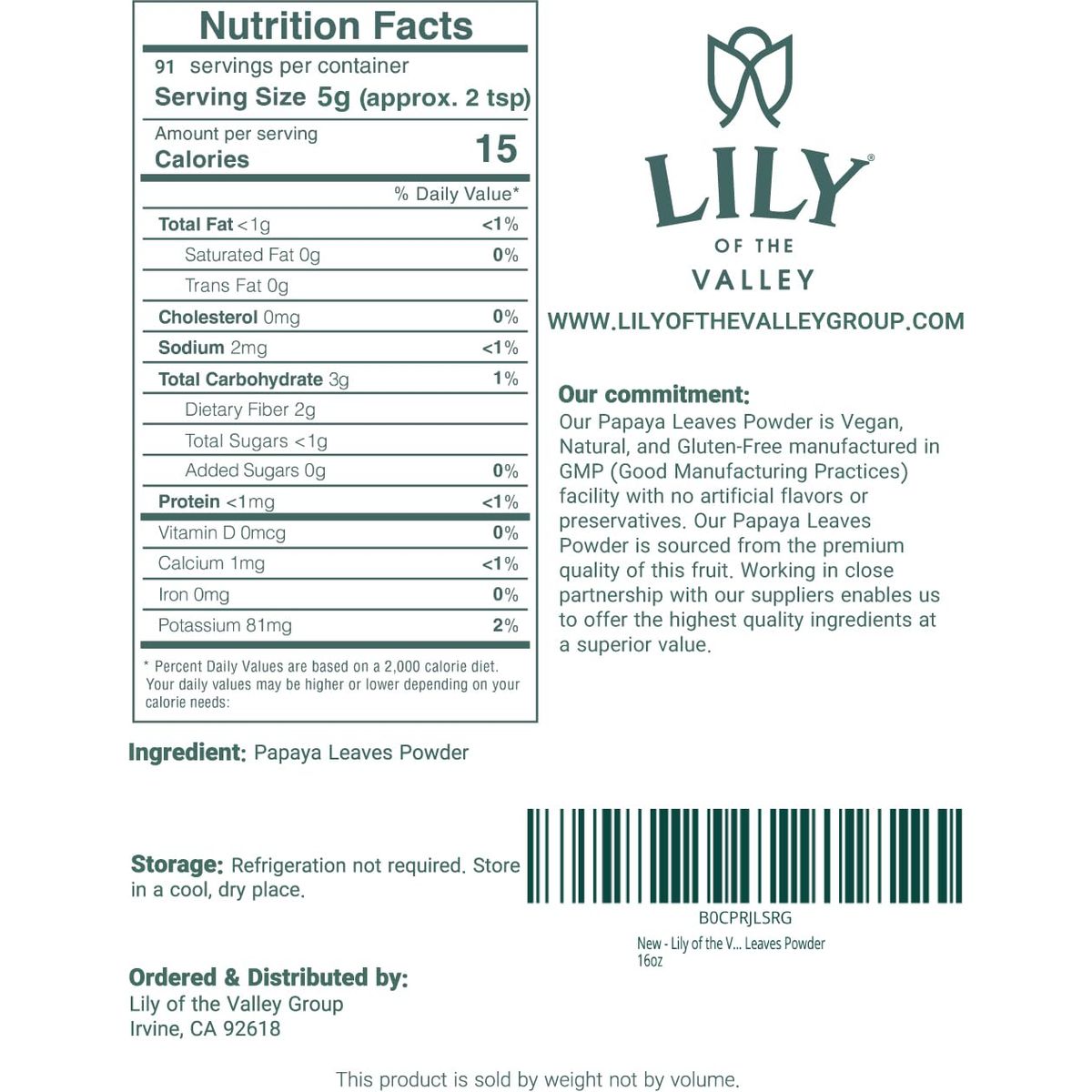 Lily of the Valley Green Papaya Powder  Naturally Rich in Papaya Enzym  Papaya Extracts for Smoothies  Shakes  Vegan  GlutenFree  Packed in Resealable Pouch 8oz 226g