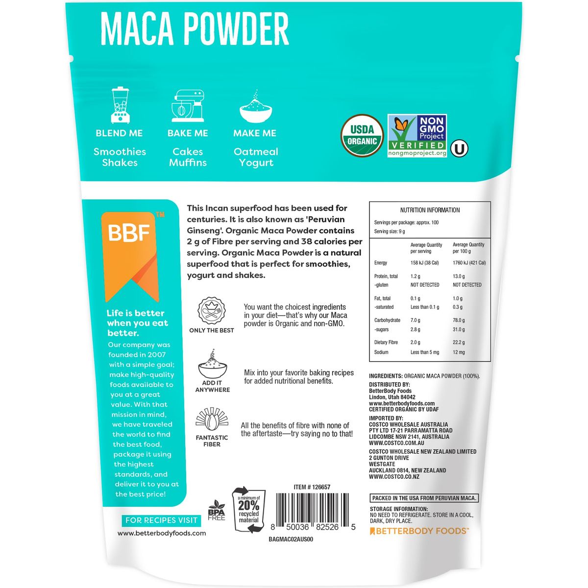 BetterBody Foods Organic Maca Powder NonGMO  GlutenFree 12 Ounce