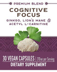 Nature's Way Premium Blend Cognitive Focus with Gingko, Lion's Mane & Acetyl L-Carnitine, Supports Memory and Concentration*, 30 Capsules