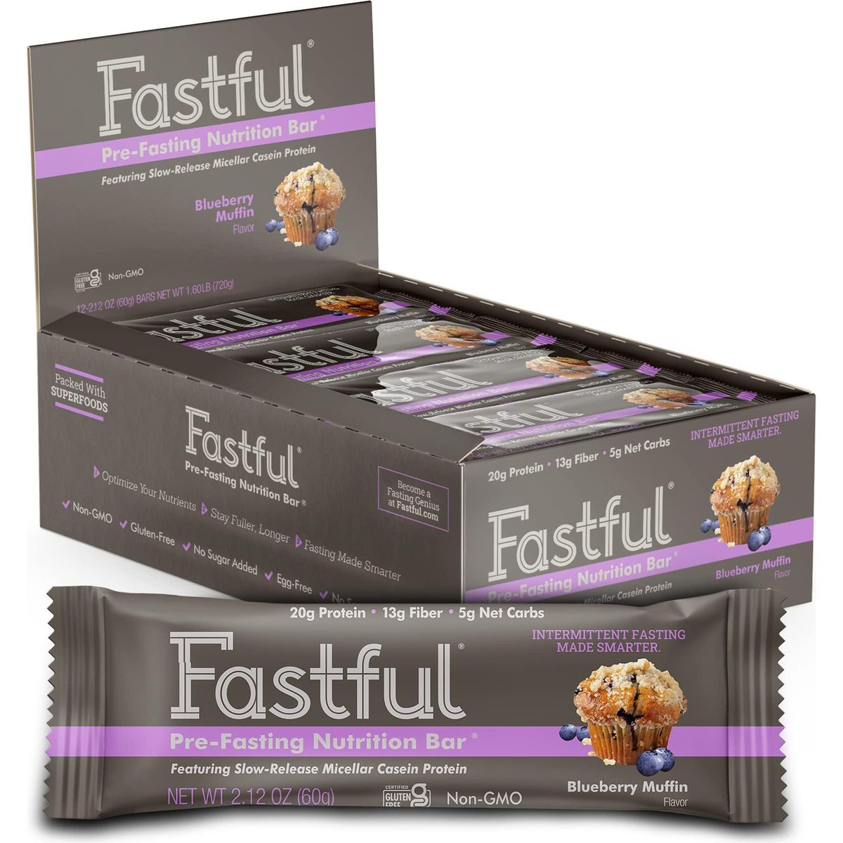 Fastful High Protein Bar for Intermittent Fasting, Pre-Fasting Nutrition - Blueberry Muffin