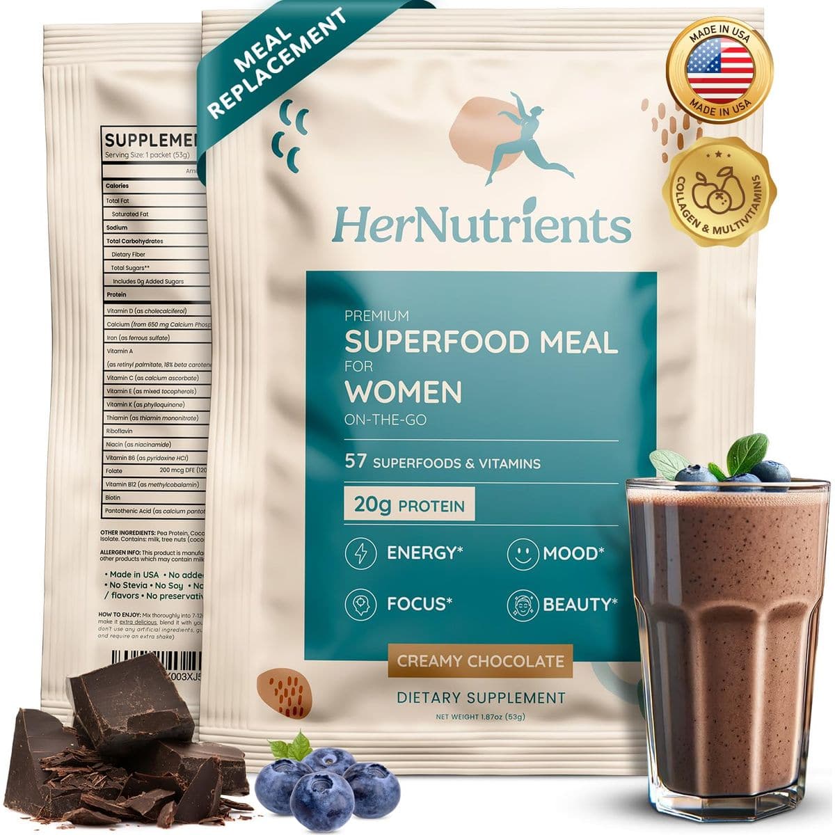 SuperFood Meal Replacement for Women  AllInOne Protein Powder with Greens  Vitamins  Collagen  Chocolate Protein Shake  Supplement Snack for Womens Health Energy Focus Beauty Mood No Added Sugar 12 Packets OnTheGo Chocolate