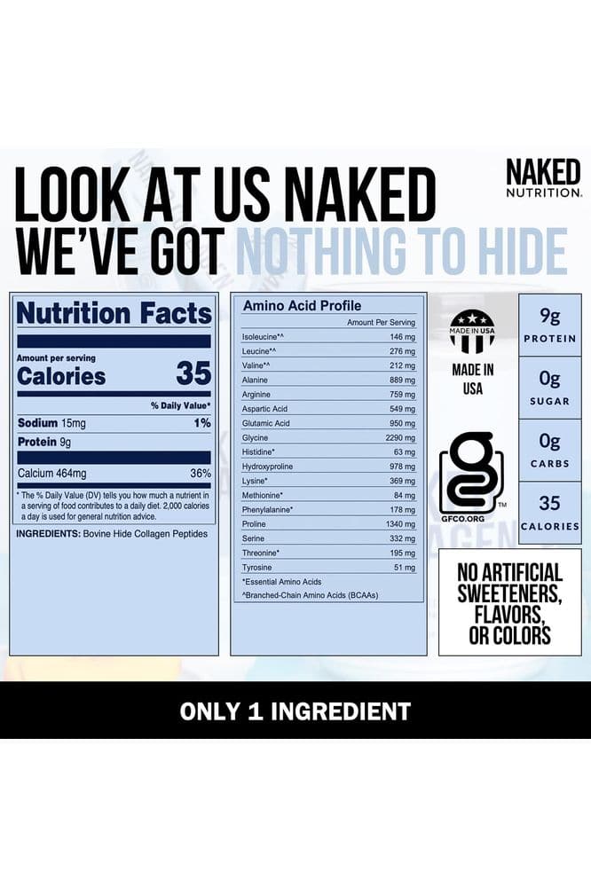 NAKED nutrition Naked Collagen - Collagen Peptides Protein Powder, 60 Servings Pasture-Raised, Grass-Fed Hydrolyzed Collagen Supplement | Paleo Friendly, Non-GMO, Keto, Gluten Free | Unflavored 20Oz