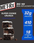 MET-Rx Big 100 Protein Bar, Meal Replacement Bar, 32G Protein, Super Cookie Crunch, 9 Bars (Pack of 1)