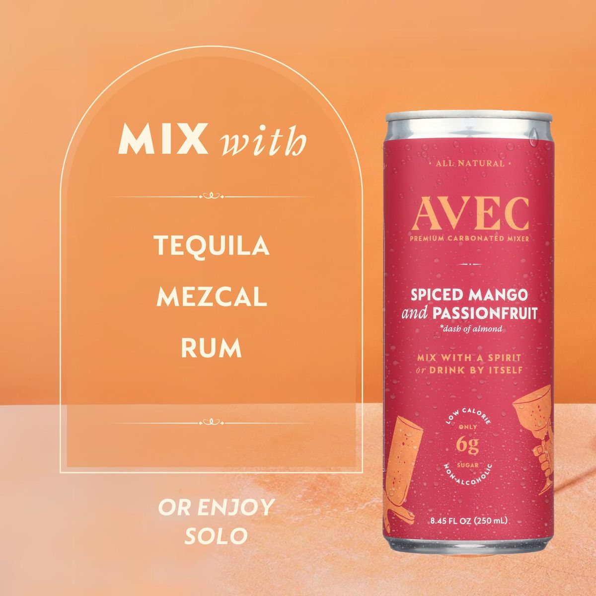 AVEC Spiced Mango  Passionfruit Premium Flavored Sparkling Water Bubbly Drink Mixer Real Fruit Juice Vegan Non Alcoholic Drinks Gluten Free Seltzer Water No Added Sugar Pack of 12 Cans 845oz