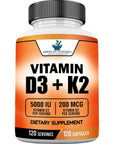 American Standard Supplements Vitamin D3 5000 IU (125mcg) Plus Vitamin K2 (MK7) 200mcg Per Capsule - Gluten Free, Non-GMO, 120 Capsules, 120 Servings, 120 Day Supply