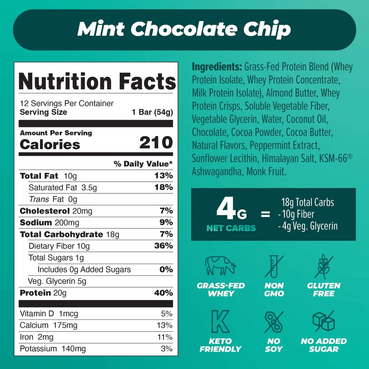 Atlas Protein Bar 20g Protein 1g Sugar Clean Ingredients Gluten Free Mint Chocolate Chip 12 Count Pack of 1