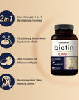 Biotin 10000mcg + Hyaluronic Acid 25mg | 360 Coconut Oil Softgels, Premium Biotin Vitamins for Hair Skin and Nails, Highly Purified and Bioavailable, Quick Release