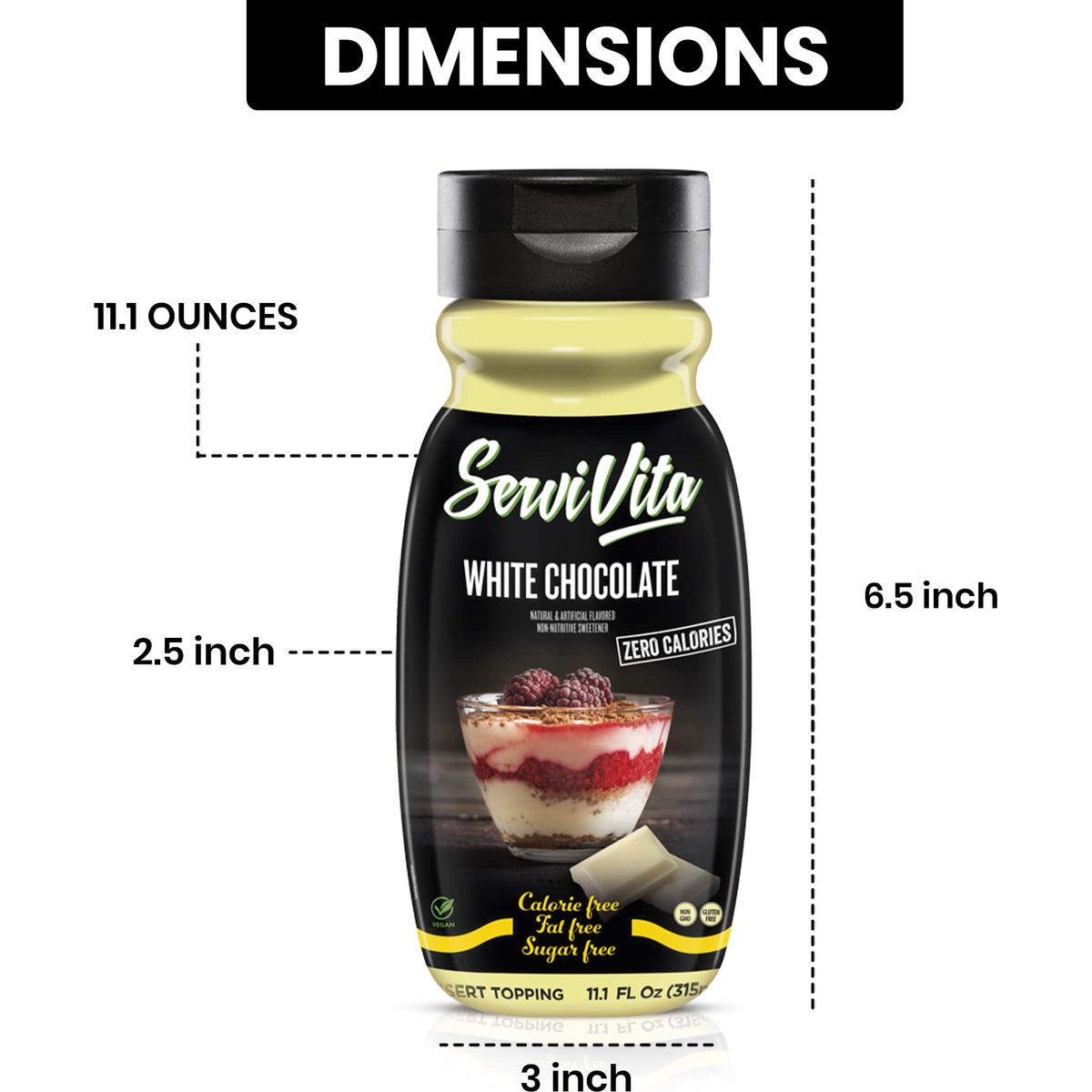 Sugar Free WHITE CHOCOLATE Syrup Zero Calories and Fat Free Topping 111 FL OZ  No Sugar White Chocolate Syrup Dessert Topping GlutenFree NonGMO Vegan and Keto Friendly  ServiVita