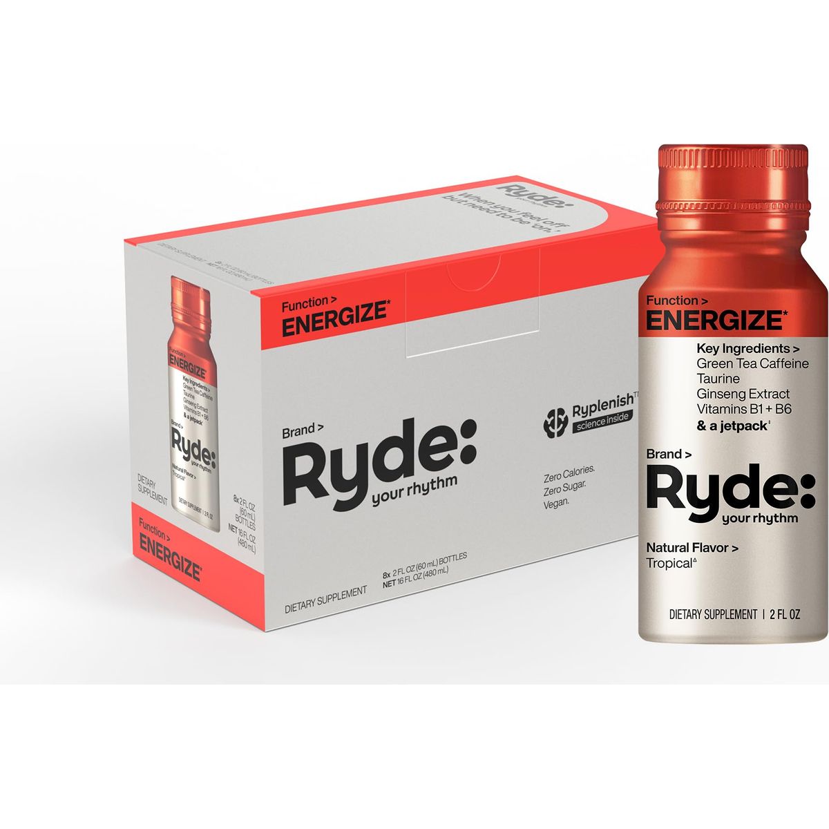 Ryde Energize Shot  Tropical Flavor  Caffeine  B Vitamins  0 Calories 0 Sugar  2 FL OZ Shots  Boosts energy 8 Pack