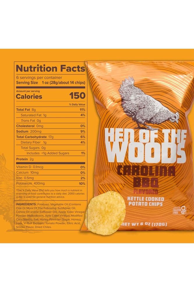 Hen of the Woods Kettle Cooked Potato Chips, Carolina BBQ Flavor, 6 Ounce Bag, 6-Pack